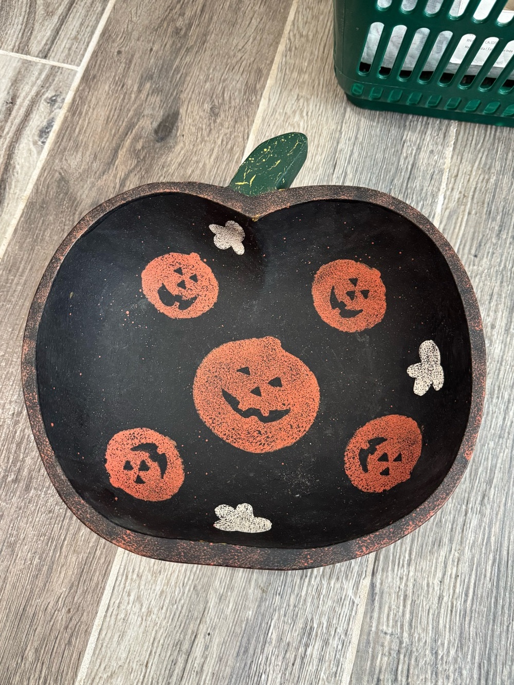 Pumpkin-Shaped Wooden Halloween Candy Bowl with Jack-O'-Lanterns